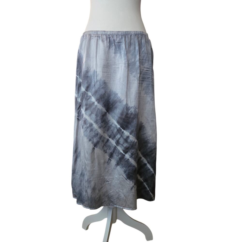 Boho Relaxed Silk Elastic Waist Midi Skirt M Petite Gray Tie Dye Pure Jill